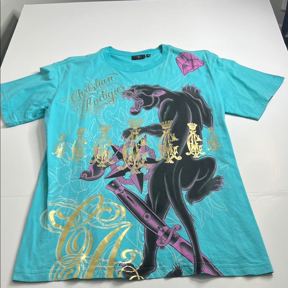 Christian Audigier Turquoise Graphic Tee with Gold Accents